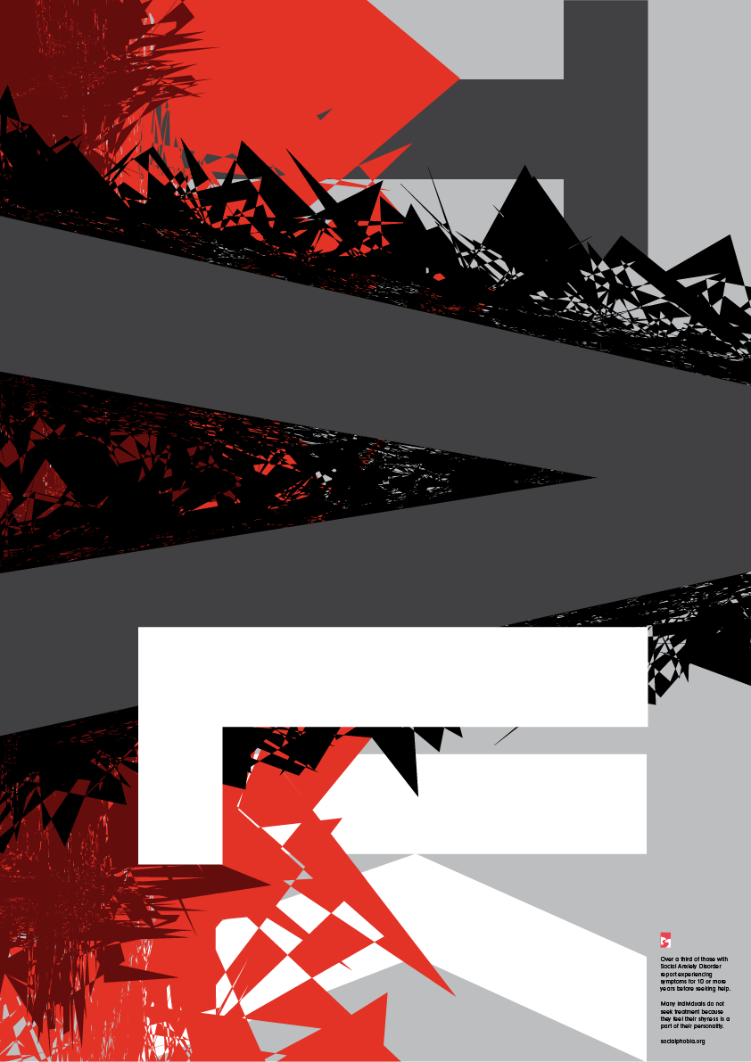 Social Anxiety Awareness Poster: Talk written in all caps on a 90 degree angle. TA in grey LK in white. The A spans across the whole poster, has black shards surrounding it and shards with two shades of red are along the left side of the poster.