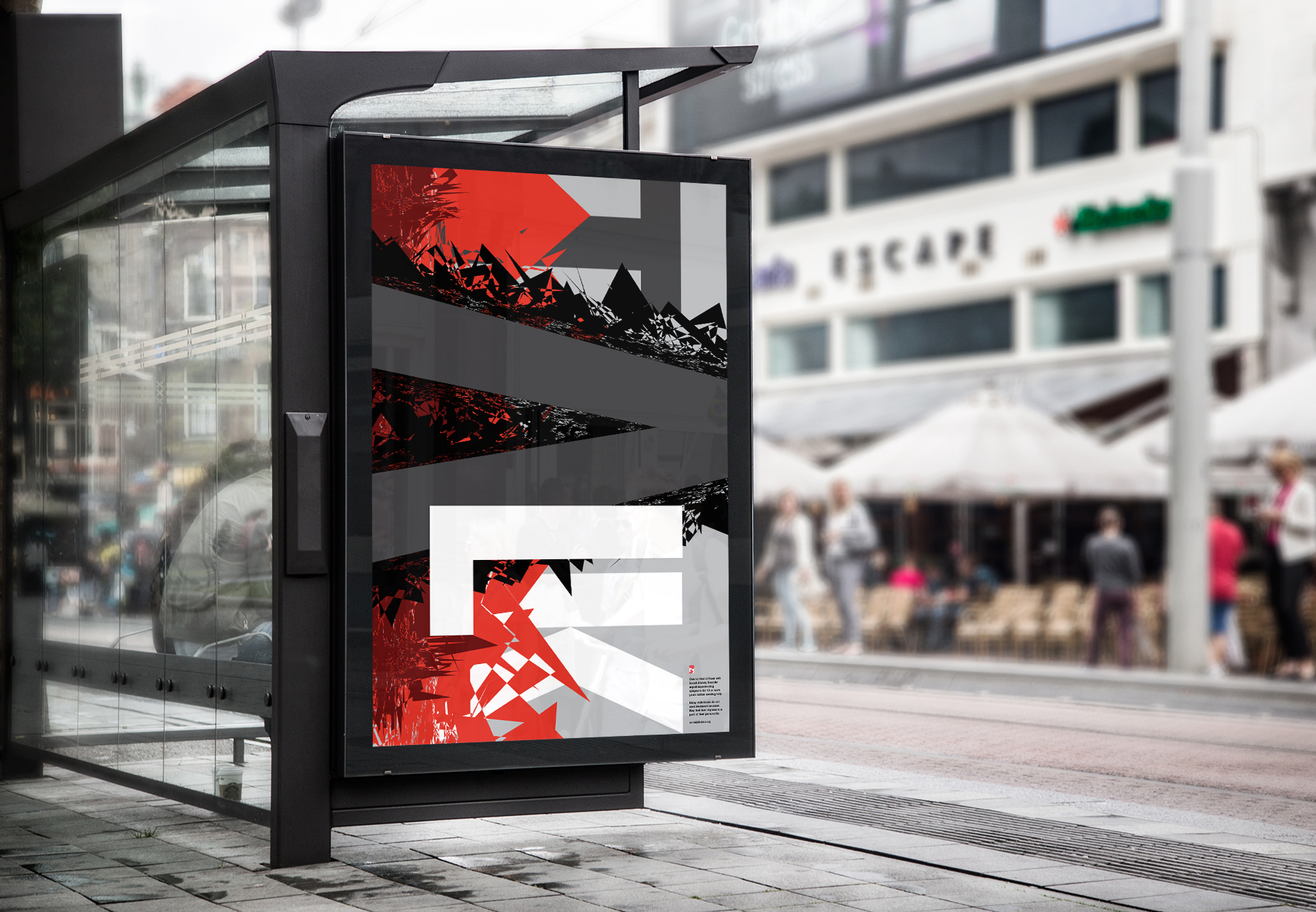 Social Anxiety Poster seen in context on a black framed bus booth. There are people sitting at outside restaurants in the blurred out background.