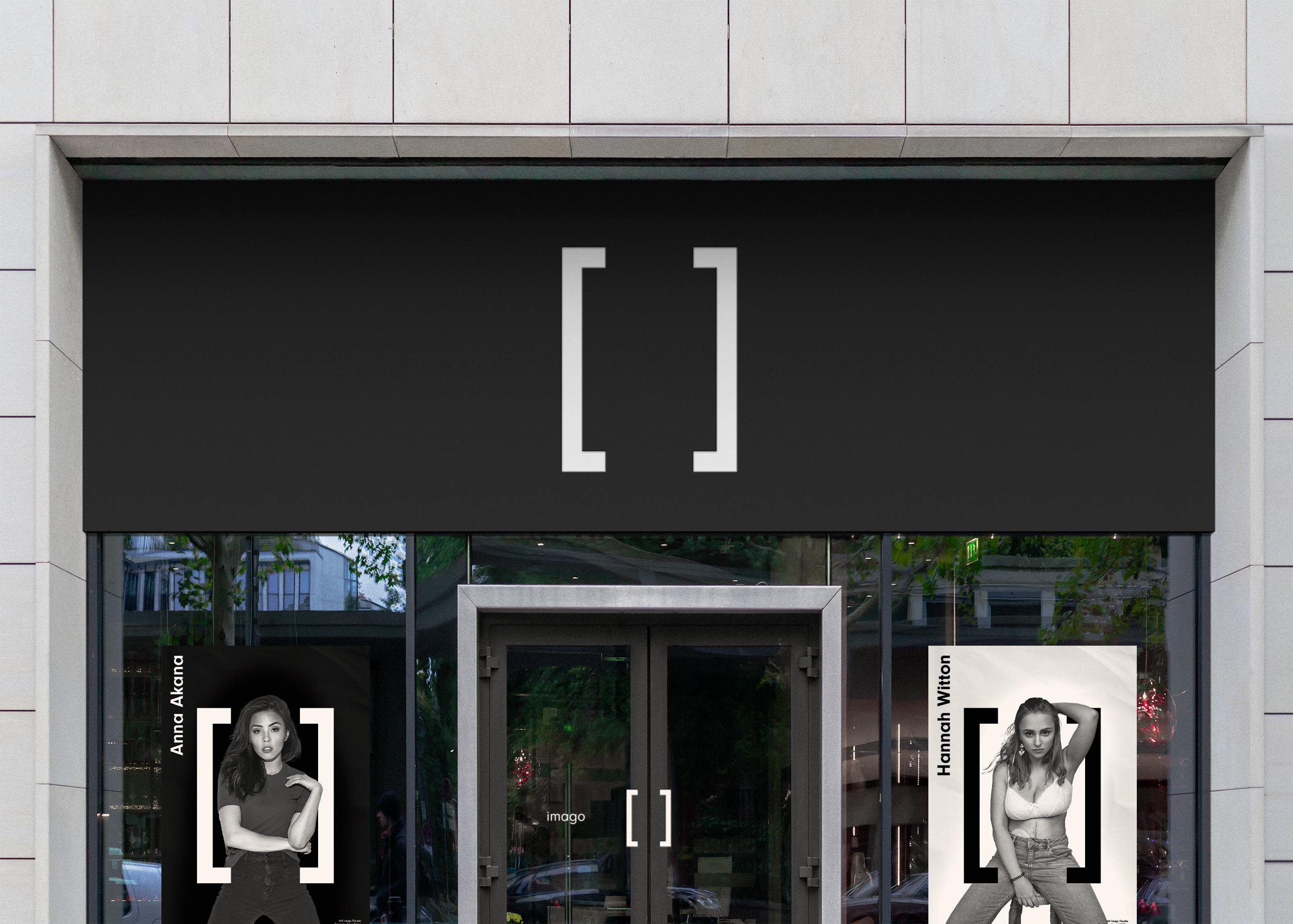 Imago Theatre entrance with white logo on a black background. The door handles shaped in the form of the logo. Anna Akana and Hannah Witton imago posters in the windows. Mockup: EyMockup. Anna Akana photo from imdb; Hannah Witton photo from hannahwitton.com.