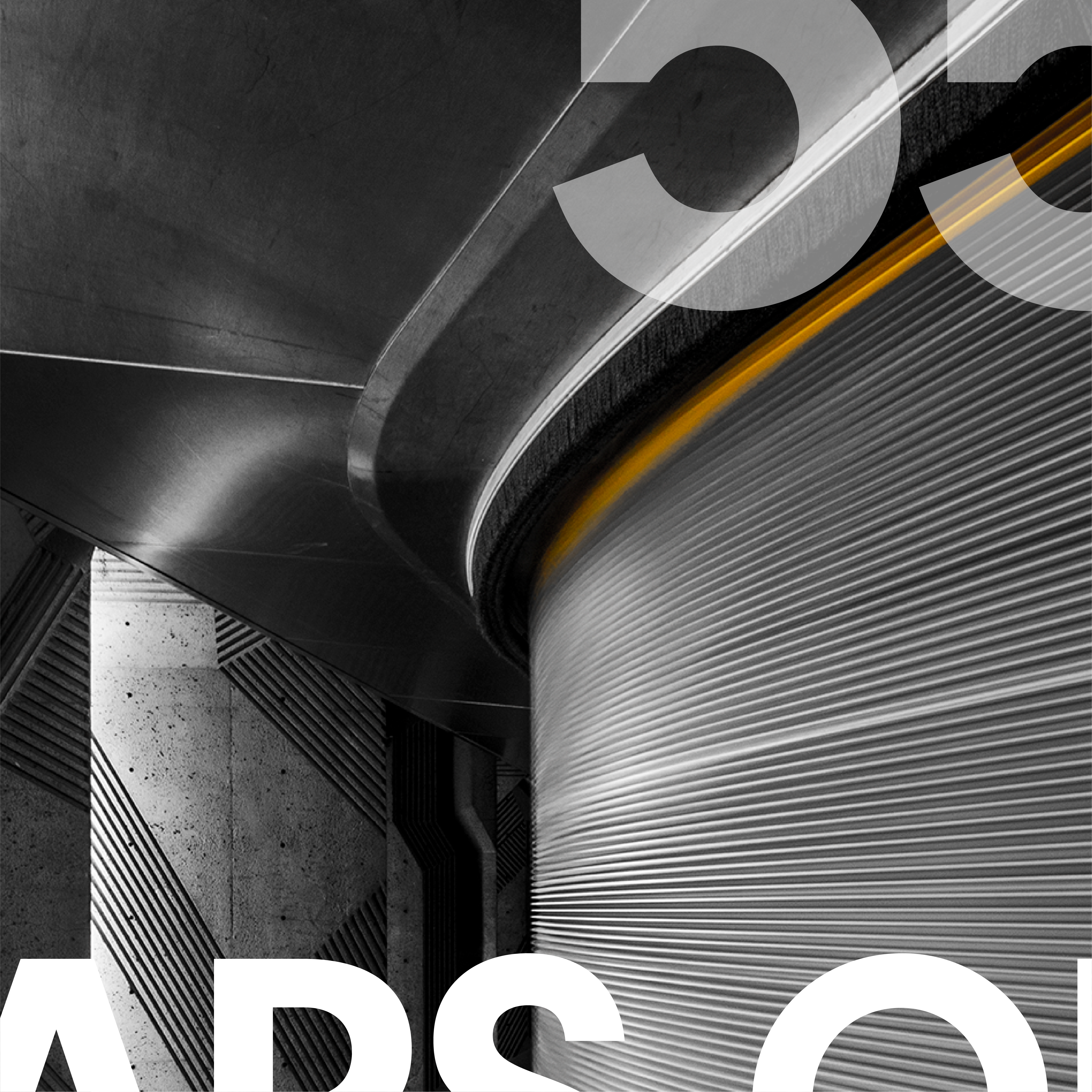 Close up of escalator photograph with white text on the bottom and top right corner. Photograph by Christopher Forsyth.